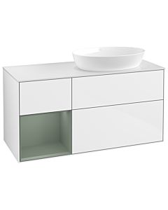 Villeroy und Boch Finion Waschtischunterschrank GA41GMGF 120cm, Abdeckplatte white matt, Emotion, Regale Olive matt lacquer, Glossy white lacquer
