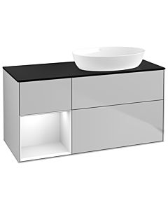 Villeroy und Boch Finion Waschtischunterschrank GA42GFGJ 120cm, Abdeckplatte black matt, Emotion, Regale Glossy white lacquer, Light grey matt