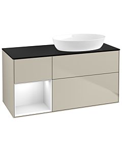 Villeroy und Boch Finion GA42GFHH 120cm, plaque de recouvrement noir mat, Emotion, étagères Laque blanche brillante, Sand Matt Lacquer
