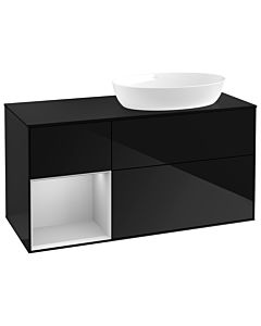 Villeroy und Boch Finion GA42GJPH 120cm, plaque de recouvrement noir mat, Emotion, étagères Laque gris clair mat, Glossy Black Lacquer