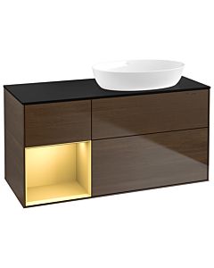 Villeroy und Boch Finion Waschtischunterschrank GA42HFGN 120cm, Abdeckplatte black matt, Emotion, Regale Gold matt lacquer, Walnut veneer