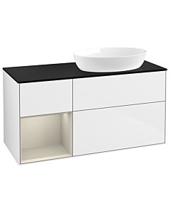 Villeroy und Boch Finion Waschtischunterschrank GA42HHGF 120cm, Abdeckplatte black matt, Emotion, Regale sand matt lacquer, Glossy white lacquer