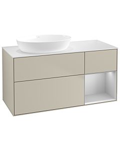 Villeroy und Boch Finion GA51GJHH 120cm, plaque de recouvrement blanc mat, Emotion, étagères laqué gris clair mat, Sand Matt Lacquer