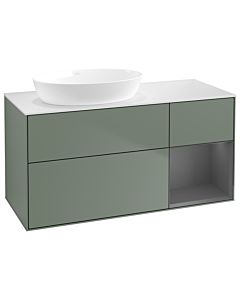 Villeroy und Boch Finion GA51GKGM 120cm, plaque de recouvrement blanc mat, Emotion, étagères laqué mat anthracite, Olive Matt Lacquer