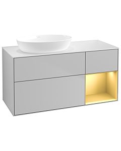 Villeroy und Boch Finion Villeroy und Boch GA51HFGJ 120cm, plaque de recouvrement blanc mat, Emotion, étagères laqué or mat, gris clair mat