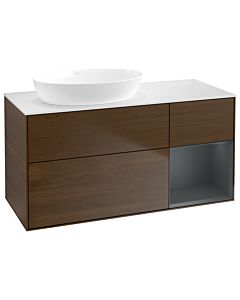 Villeroy und Boch Finion Waschtischunterschrank GA51HGGN 120cm, Abdeckplatte white matt, Emotion, Regale Midnight matt lacquer, Walnut veneer