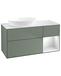 Villeroy und Boch Finion GA51MTGM 120cm, plaque de recouvrement blanc mat, Emotion, étagères laqué blanc mat, Olive Matt Lacquer