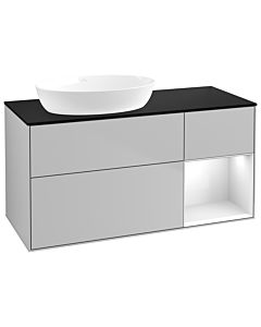 Villeroy und Boch Finion Waschtischunterschrank GA52GFGJ 120cm, Abdeckplatte black matt, Emotion, Regale Glossy white lacquer, Light grey matt