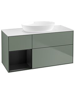 Villeroy und Boch Finion GA61PDGM 120cm, plaque de recouvrement blanc mat, Emotion, étagères laqué noir mat, Olive Matt Lacquer