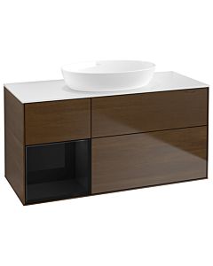 Villeroy und Boch Finion Waschtischunterschrank GA61PHGN 120cm, Abdeckplatte white matt, Emotion, Regale Glossy black lacquer, Walnut veneer