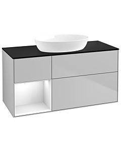 Villeroy und Boch Finion Waschtischunterschrank GA62GFGJ 120cm, Abdeckplatte black matt, Emotion, Regale Glossy white lacquer, Light grey matt