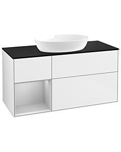 Villeroy und Boch Finion Waschtischunterschrank GA62GJGF 120cm, Abdeckplatte black matt, Emotion, Regale Light grey matt lacquer, Glossy white lacquer