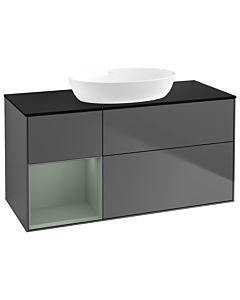 Villeroy und Boch Finion Waschtischunterschrank GA62GMGK 120cm, Abdeckplatte black matt, Emotion, Regale Olive matt lacquer, Anthracite matt