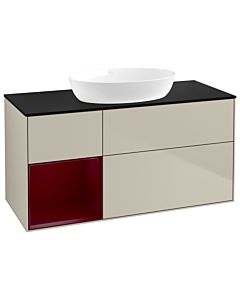 Villeroy und Boch Finion GA62HBHH 120cm, plaque de recouvrement noire mate, Emotion, étagères en laque matte Peony , Sand Matt Lacquer