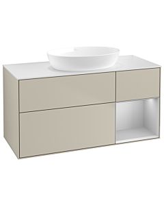 Villeroy und Boch Finion GA71GJHH 120cm, plaque de recouvrement blanc mat, Emotion, étagères laqué gris clair mat, Sand Matt Lacquer