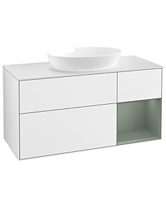 Villeroy und Boch Finion Villeroy und Boch GA71GMGF 120cm, plaque de recouvrement blanc mat, Emotion, étagères laqué olive mat, laqué blanc brillant