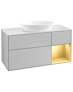 Villeroy und Boch Finion Villeroy und Boch GA71HFGJ 120cm, plaque de recouvrement blanc mat, Emotion, étagères laqué or mat, gris clair mat