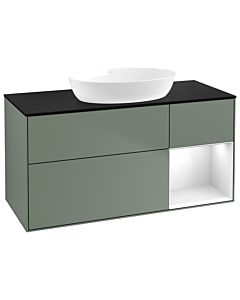 Villeroy und Boch Finion GA72GFGM 120cm, plaque de recouvrement noir mat, Emotion, étagères Laque blanche brillante, Olive Matt Lacquer