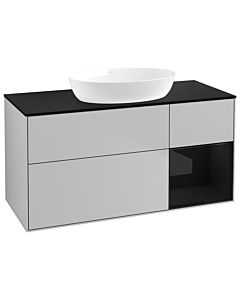 Villeroy und Boch Finion Villeroy und Boch GA72PHGJ 120cm, plaque de recouvrement noire mate, Emotion, étagères laquées noir brillant, gris clair mat