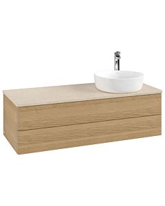 Meuble vasque Villeroy &amp; Boch Antao K23153HN 120 x 36 x 50 cm, percé pour robinetterie, plan vasque couleur Botticino, chêne miel