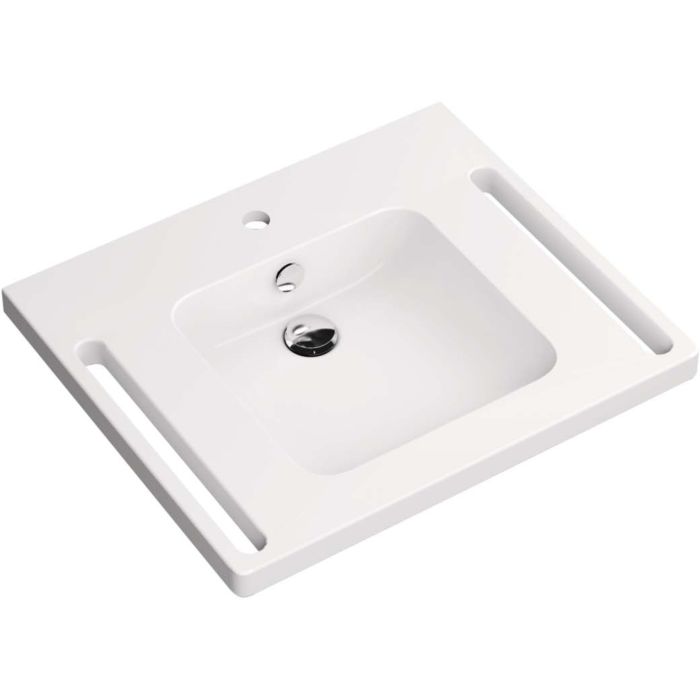 Hewi lavabo en fonte minérale 950.11.141 65 x 55 cm, moule carré, avec trou  pour robinetterie et trop-plein, blanc