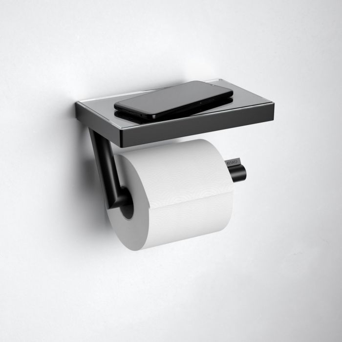 Keuco Reva toilet paper holder 12873379000 matt black, with glass shelf