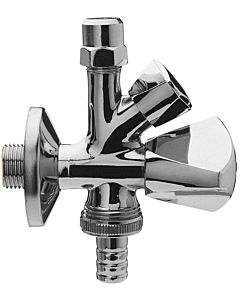 Universal double spindle combination angle valve 421851 chrome-plated brass, 2000 /2&quot;x10mmx3/4&quot;, with backflow preventer and rosette