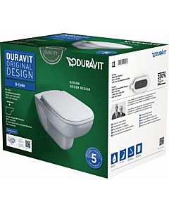 Duravit D-Code Wand Tiefspül WC 45700900A1 weiss, Set mit WC und WC-Sitz, rimless