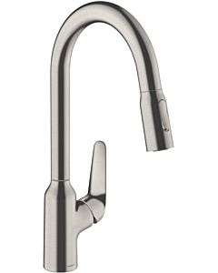 hansgrohe Focus M42 kitchen faucet 220 2jet 71800800 with pull-out spray, swivel range 360°, stainless steel look