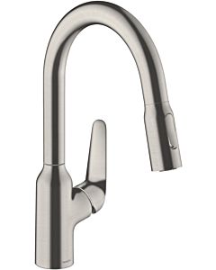 hansgrohe Focus M42 kitchen faucet 180 2jet 71801800 with pull-out spray, swivel range 360°, stainless steel look