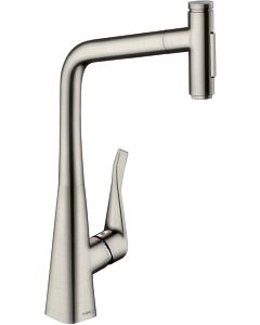 hansgrohe Metris Select 2-hole kitchen mixer 73820800 stainless steel look, swiveling pull-out spout, 2jet, sBox