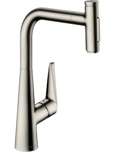 hansgrohe Metris Select kitchen mixer 73867800 with pull-out spray, 2jet, sBox, stainless steel look