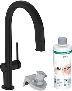 hansgrohe Aqittura M91 kitchen faucet 76801670 with pull-out spout, 1jet, starter set, matt black