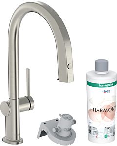 hansgrohe Aqittura M91 kitchen faucet 76800800 with pull-out spout, 1jet, sBox, starter set, stainless steel finish