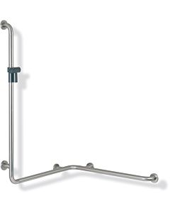 Hewi 805 shower / tub handrail 805.35.210L90 1100 x 762 mm, shower holder deep black, left, with shower holder bar, brushed stainless steel