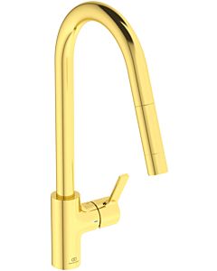 Ideal Standard Gusto Küchenarmatur BD414A2 brushed gold, mit hohem Rohrauslauf und herausziehbarer Handbrause