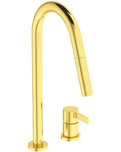 Ideal Standard Gusto kitchen 2-hole faucet BD424A2 brushed gold, with high pipe spout and pull-out 2-function hand shower